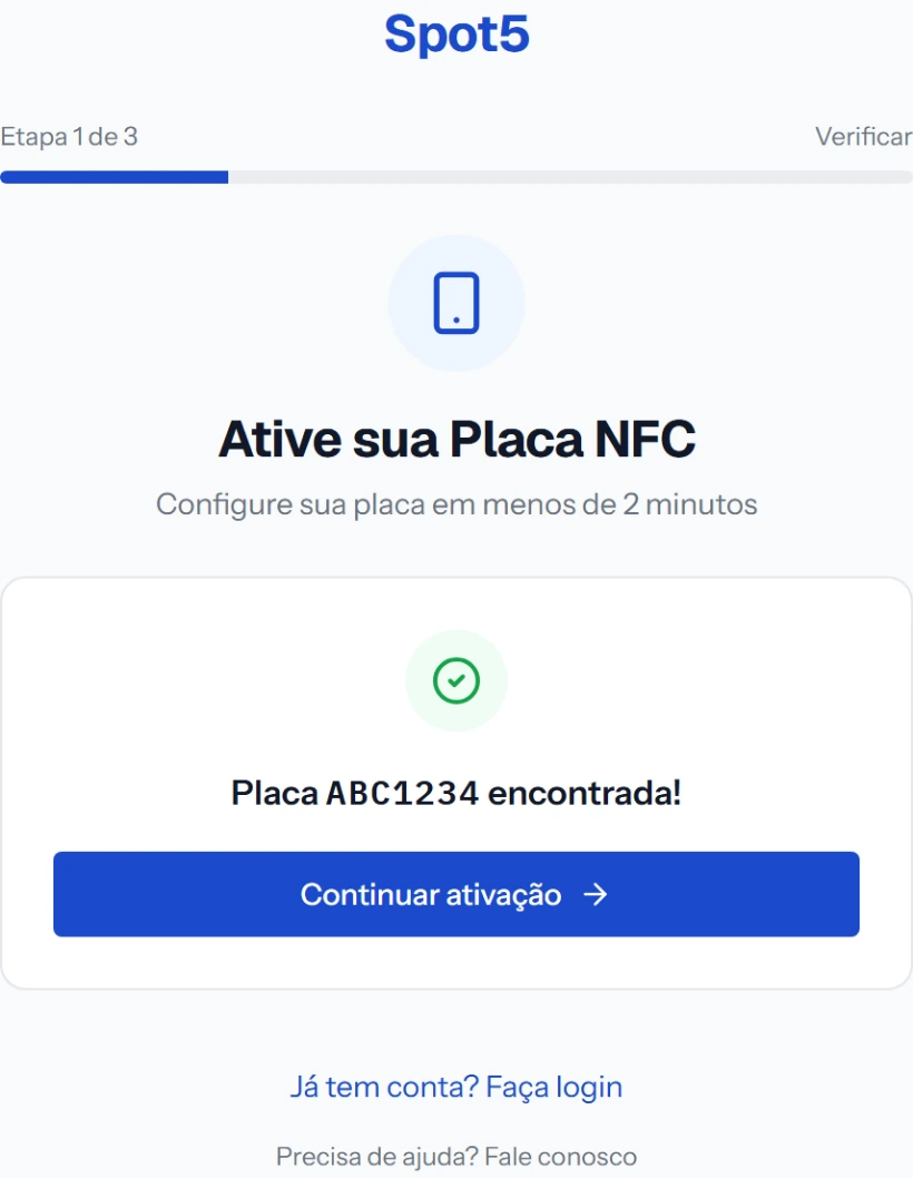 Tela de ativação mostrando Placa encontrada e o botão Continuar ativação