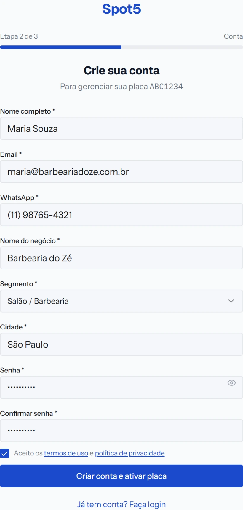Formulário Crie sua conta com nome, e-mail, WhatsApp, negócio, segmento, cidade e senha