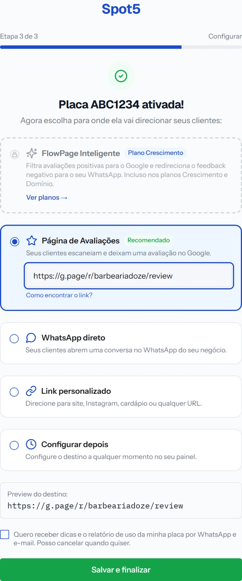 Opções de destino: Página de Avaliações, WhatsApp direto, Link personalizado e Configurar depois