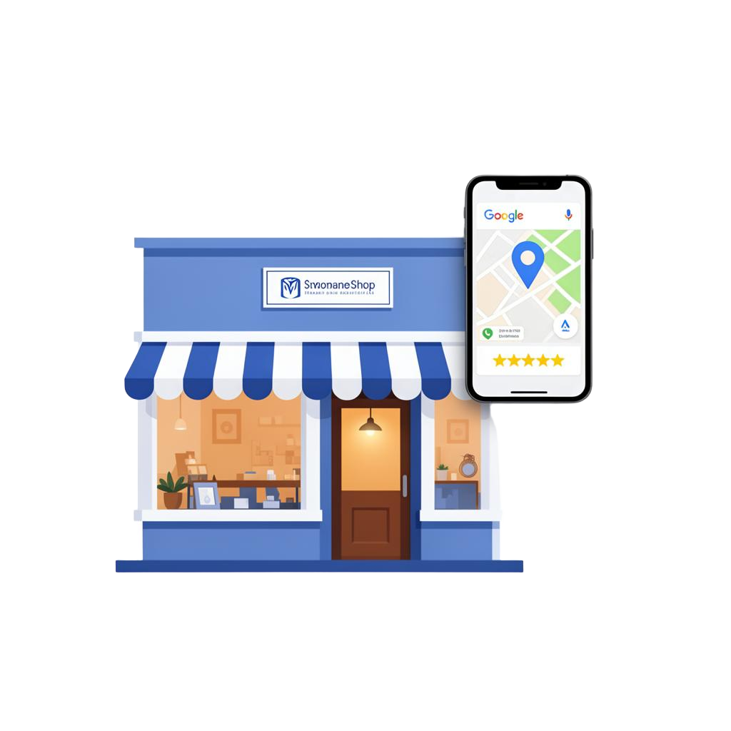 Ilustração de um negócio local com Google Maps e avaliações 5 estrelas